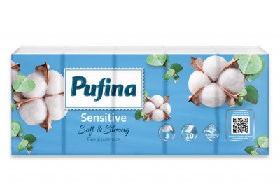 Papír zsebkendő, 3 rétegű, 10x10 db, PUFINA "Sensitive"