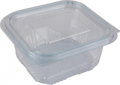 Ételtároló doboz, egybefedeles, műanyag, szögletes, 375 ml, 100 db, "Party", víztiszta